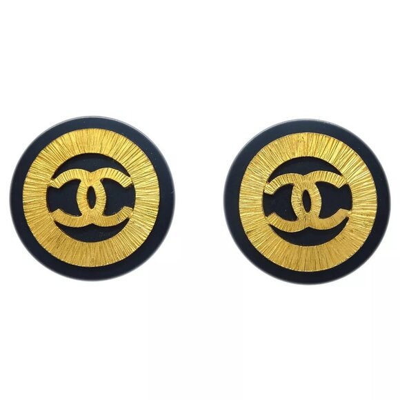Chanel Button Earrings Clip-On Black Gold 93P - Picture 1 of 4
